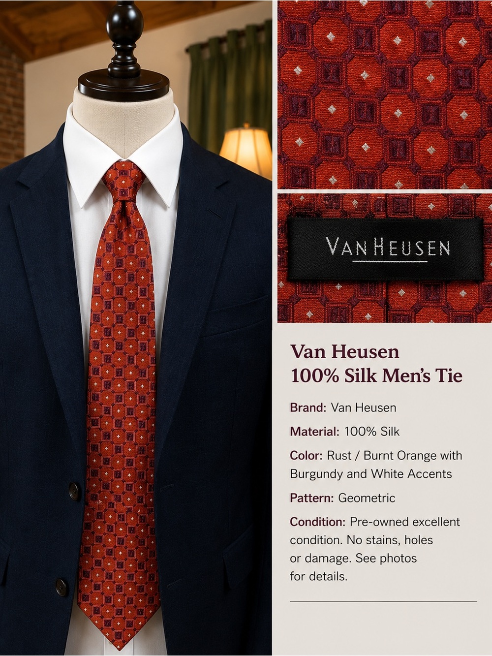 Van Heusen Burnt Orange Geometric Silk Tie with Burgundy Accents